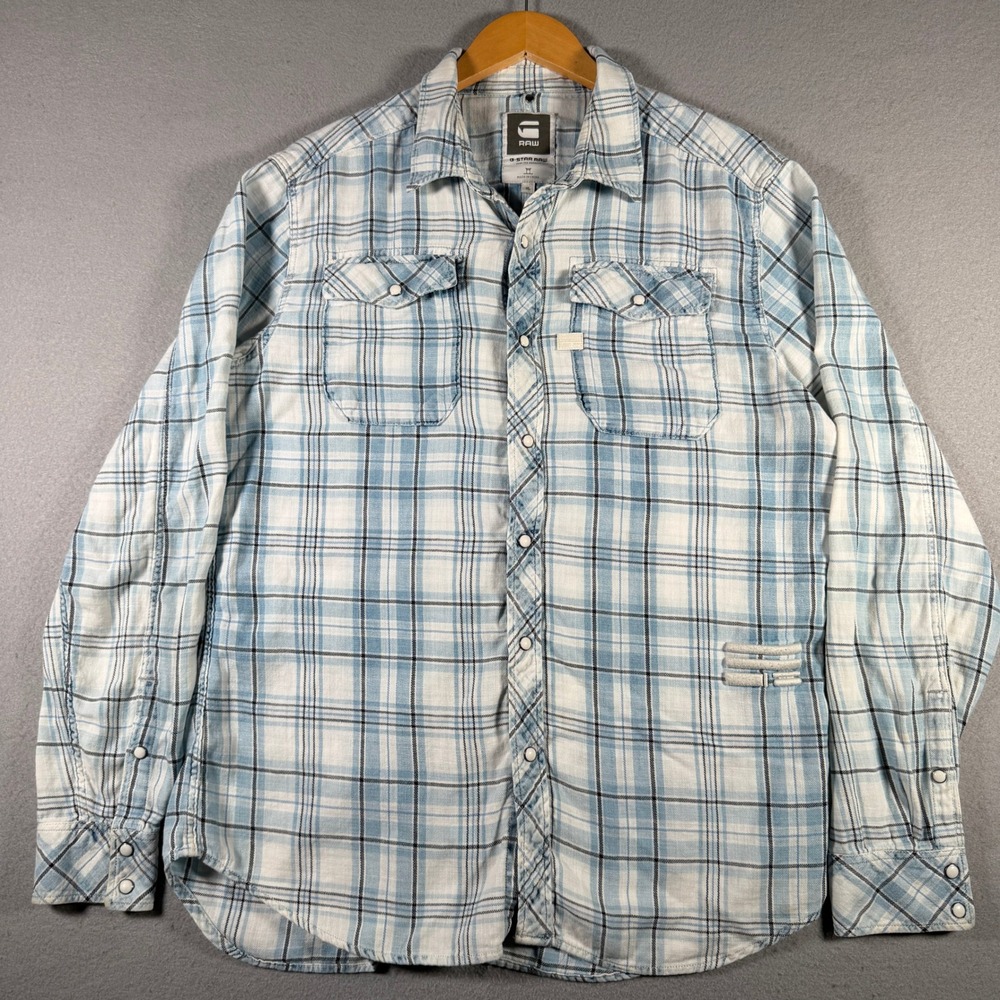 G-Star Raw Landoh M1 Plaid Snap Button Long Sleeve Shirt Blue White XL